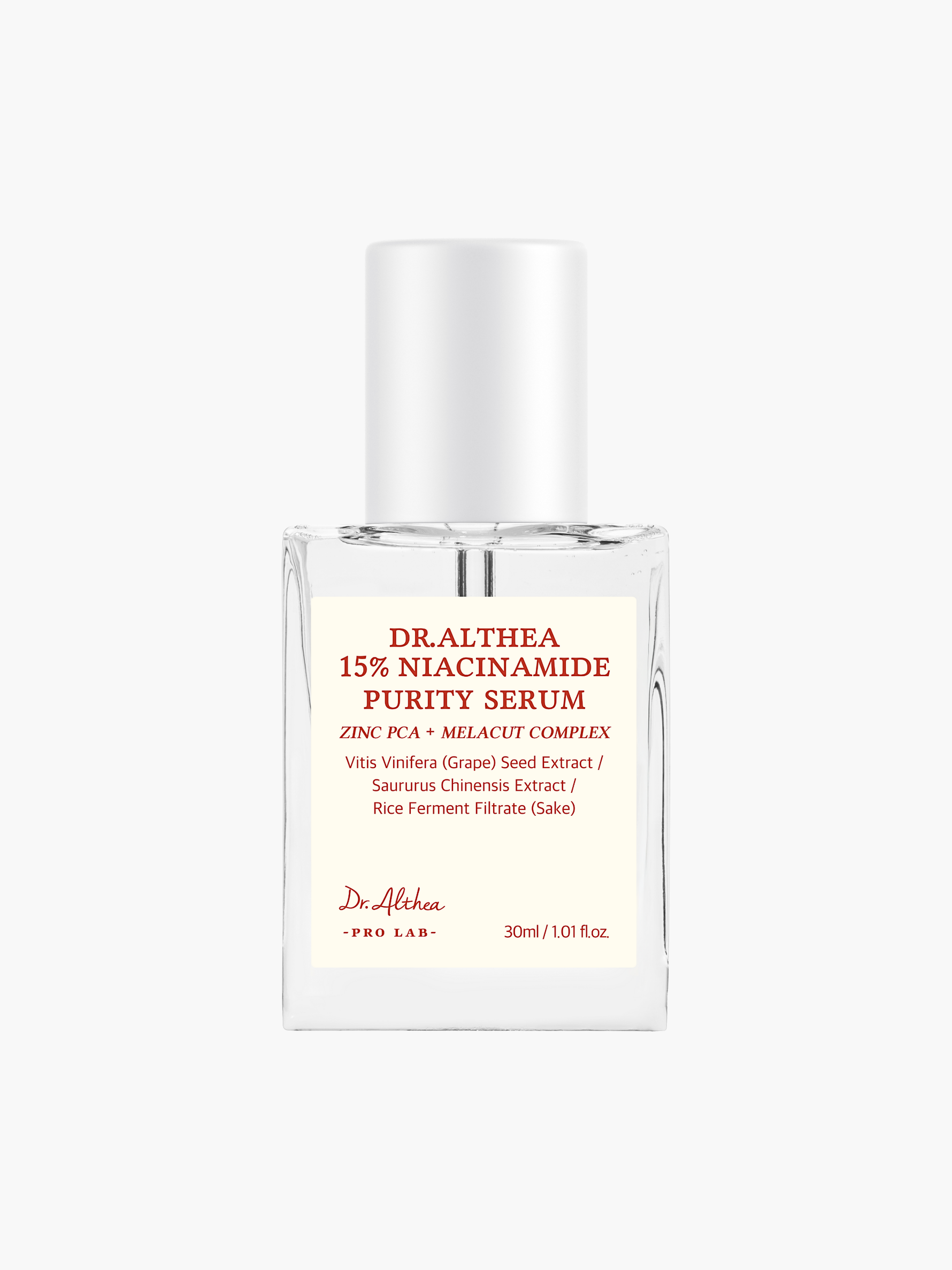 Dr. Althea 15% Niacinamide Purity Serum, sejas serums ar niacinamīdu 15%, palīdz mazināt nepilnības un taukainību, izlīdzina ādas toni un vizuāli samazina poras, viegla ātri iesūcoša tekstūra, piemērots kombinētai un taukainai ādai, korejas kosmētika Latvijā