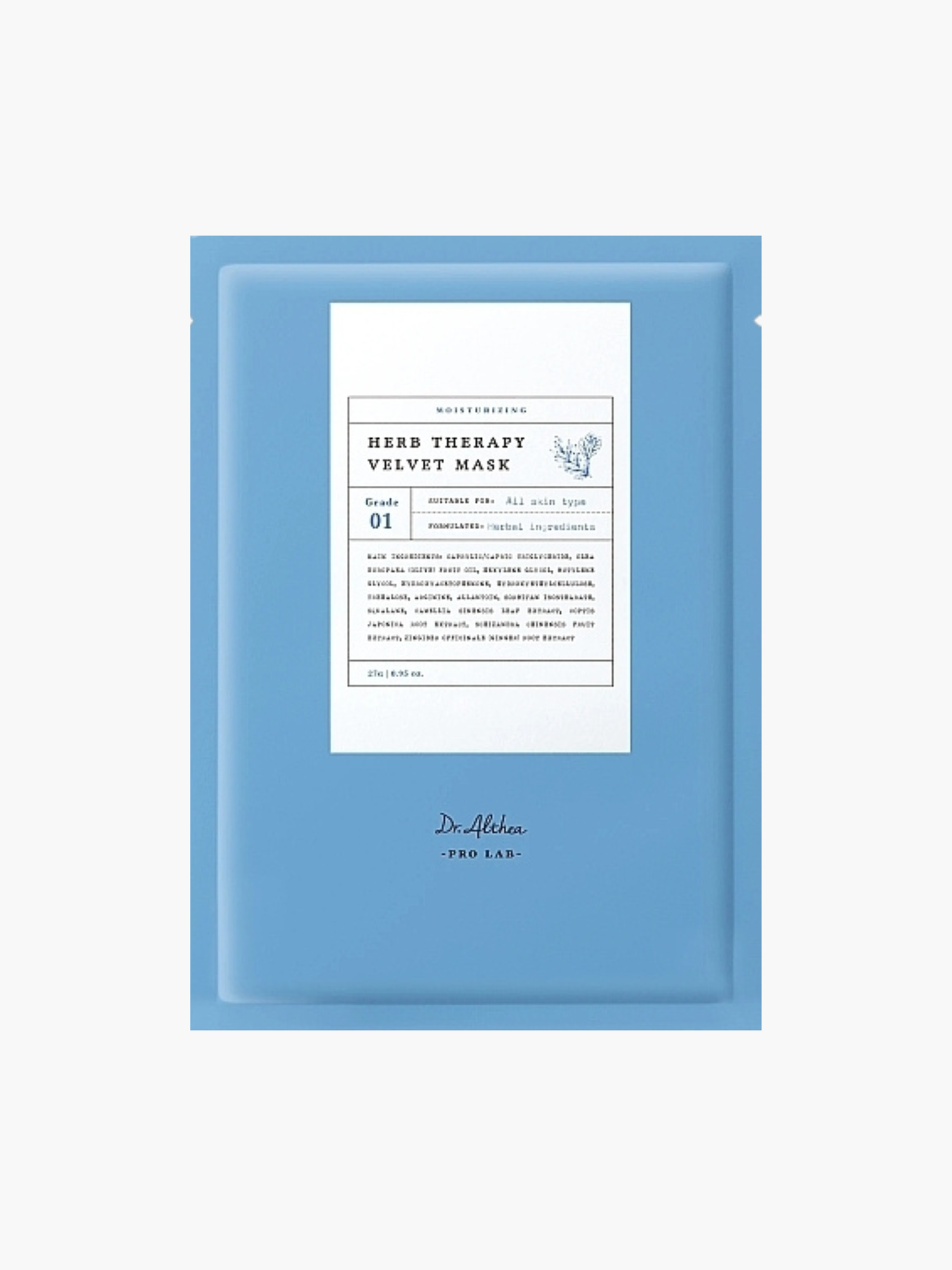 Dr. Althea Herb Therapy Velvet Mask, nomierinoša auduma sejas maska intensīvai mitrināšanai un ādas komfortam, palīdz mazināt diskomfortu un apsārtumu, piemērota ikdienas kopšanai, korejas kosmētika Latvijā