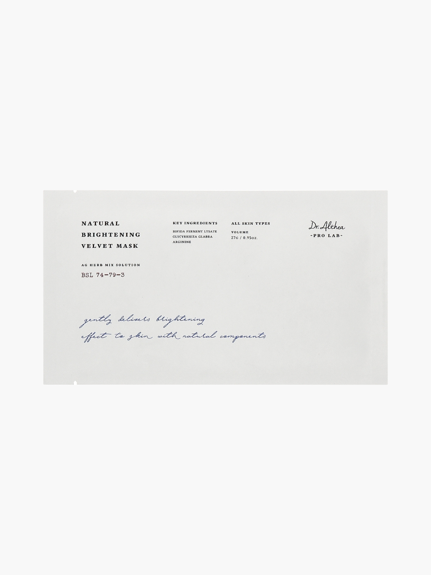 Dr. Althea Natural Brightening Velvet Mask, samtaina mikrosķiedras lokšņu maska, palīdz piešķirt ādai mirdzumu un vienmērīgāku toni, mitrina un nomierina, korejas kosmētika Latvijā