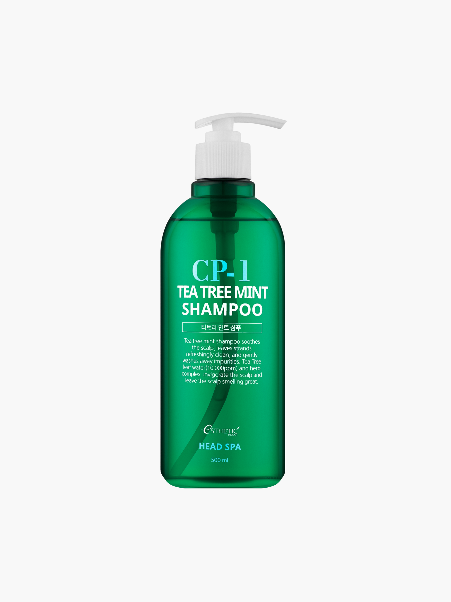 CP-1 Tea Tree Mint Shampoo 500 ml, atsvaidzinošs šampūns galvas ādas komfortam, ar tējas koka un piparmētras efektu, palīdz līdzsvarot galvas ādu, mazina diskomfortu un taukošanos, maigi attīra, piešķir viegluma sajūtu, nesausina, piemērots ikdienas lietošanai, korejas kosmētika Latvijā